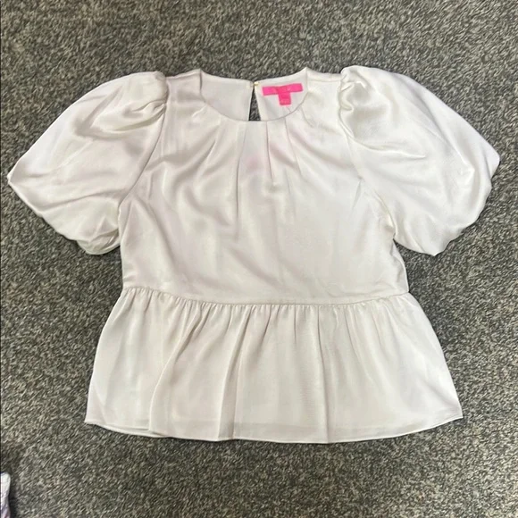 Lilly Pulitzer White Peplum Blouse with Puff Sleeves - Picture 1 of 6